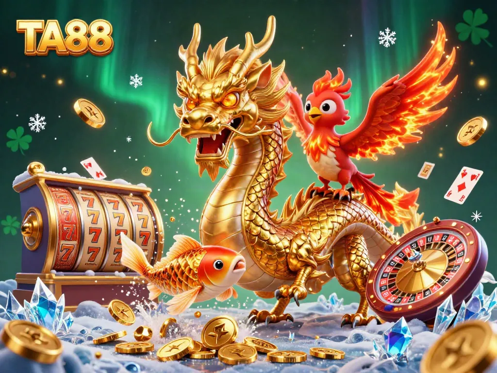 Experience thrilling gameplay at TA88 with a golden dragon, lively phoenix, and leaping koi in this vibrant casino scene.