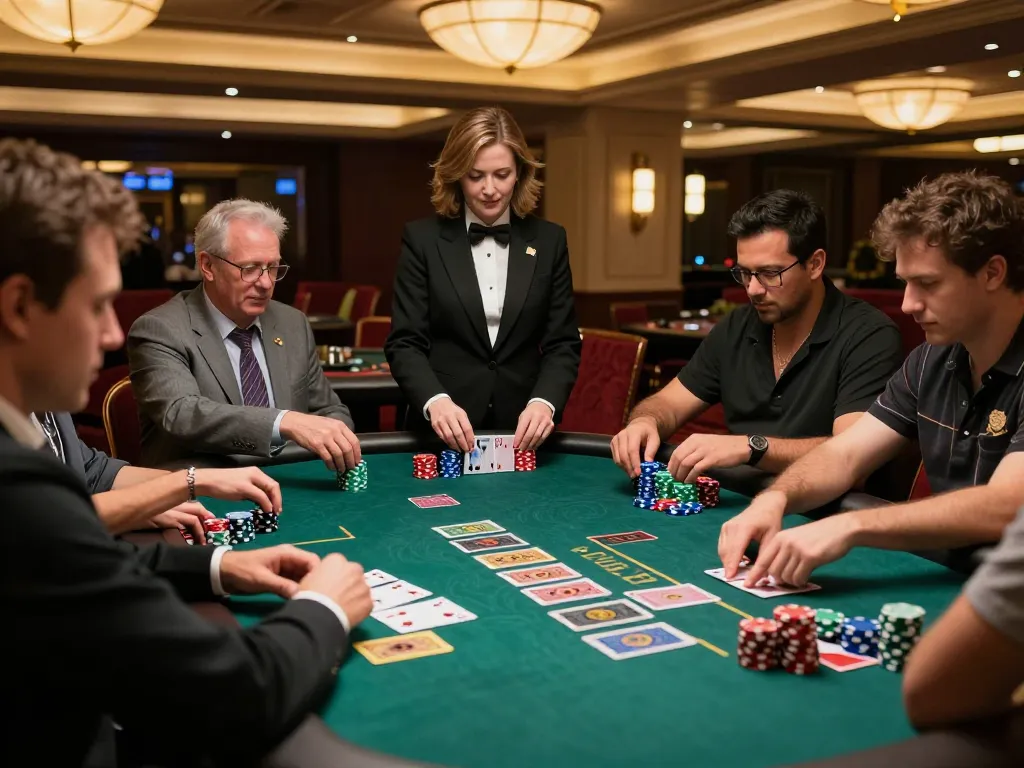 Players strategize in a thrilling blackjack game at a luxury casino featuring GA88 tables and chips