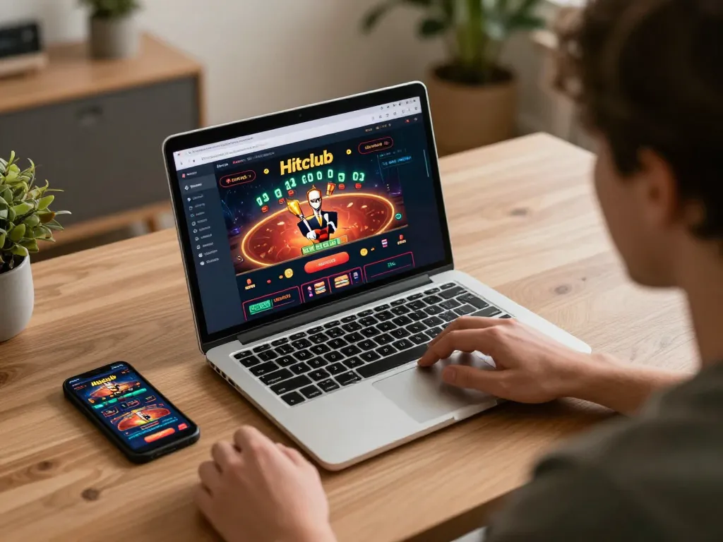 Player enjoying an engaging online gambling experience at Hitclub, with laptop and smartphone on the table.