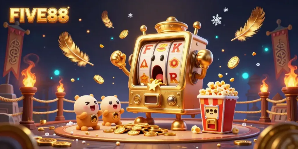 FIVE88 slot machine hitting a jackpot while coins pour out, celebrating amidst a vibrant casino scene.
