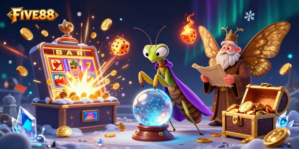 Engage with FIVE88's rich casino experience featuring vibrant game elements and mystical characters.