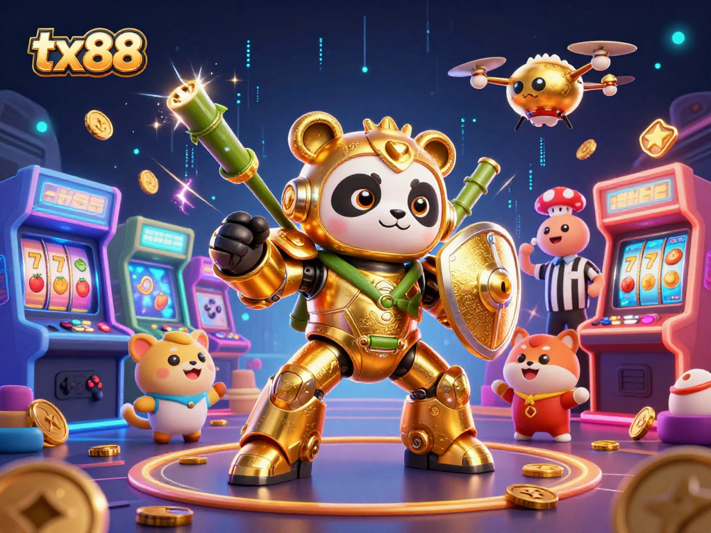 tx88 game night features a golden panda hero engaging in thrilling slot action amidst arcade excitement.
