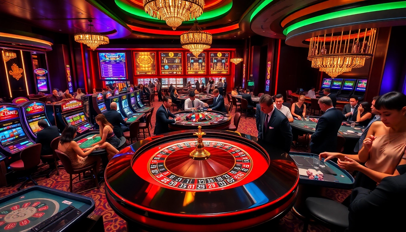 Experience the vibrant energy of gambling at https://luongsontv23.com/ with an elegant casino atmosphere featuring roulette and poker tables.