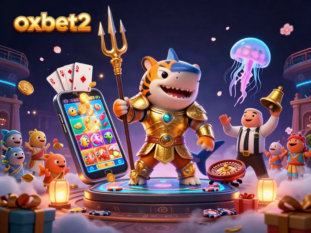 Engage in thrilling gameplay with oxbet2's dynamic underwater casino scene featuring exciting slot games, a ferocious shark, and delightful game elements.