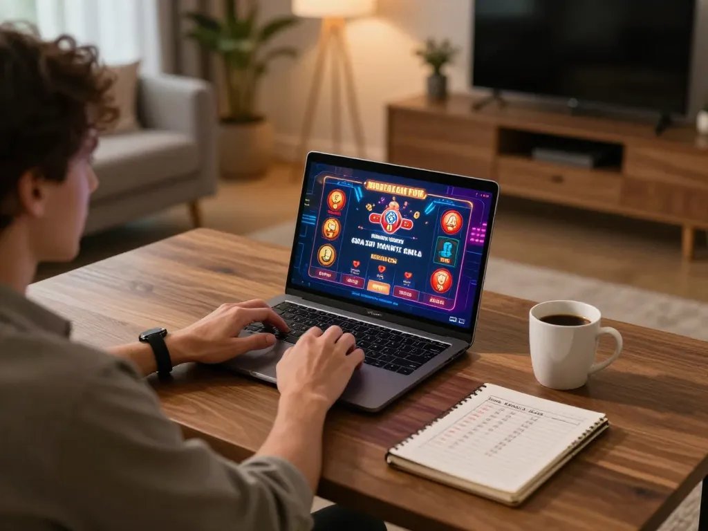 Miso 88 user engaging in online gambling strategy at home, showcasing laptop gameplay.