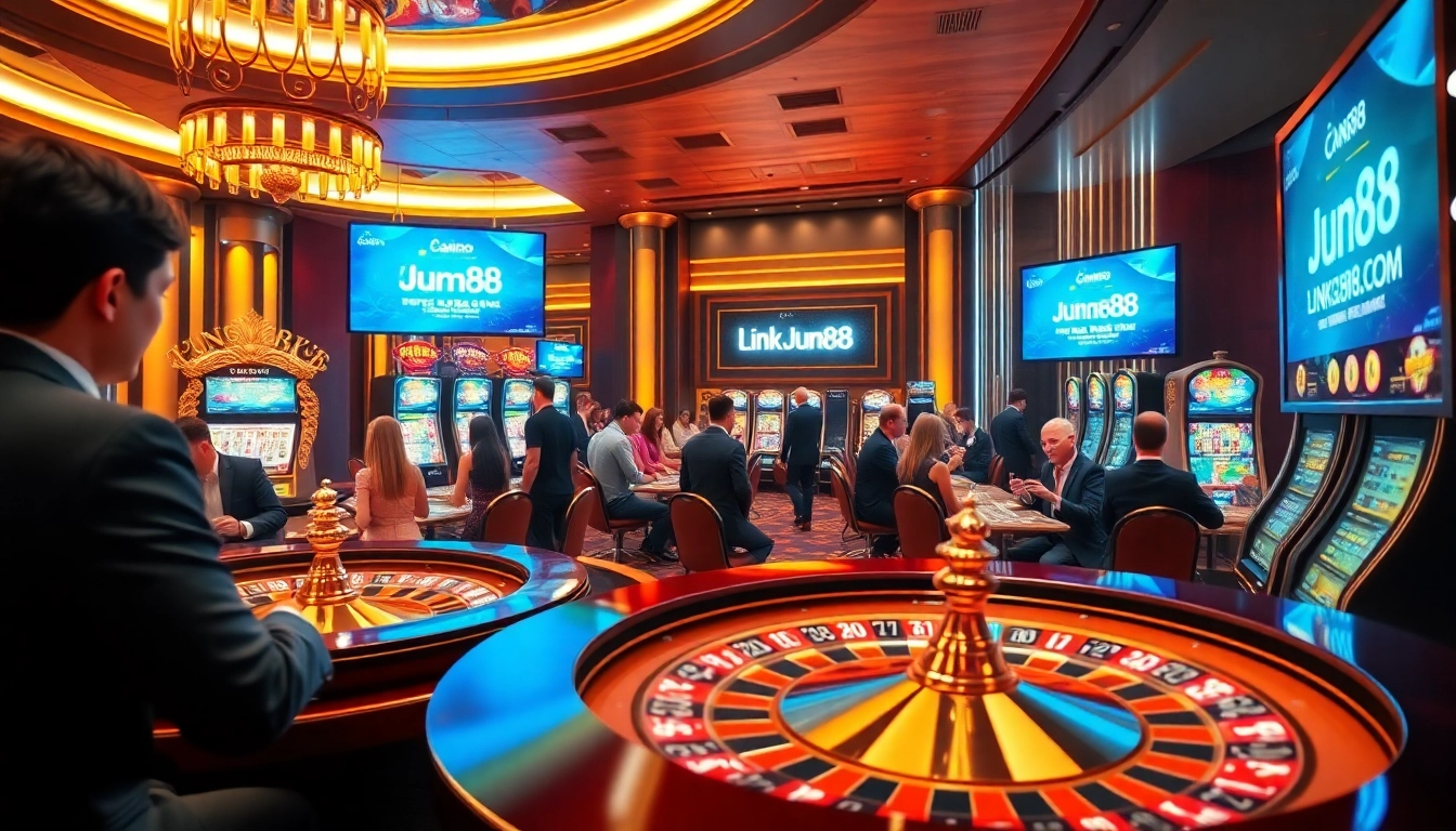 Engage in thrilling gaming action with Link Jun88 at a vibrant online casino filled with roulette and slot machines.
