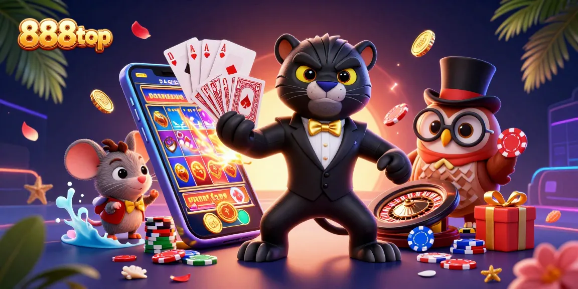 Engage with 888top characters in a vibrant casino scene filled with gaming elements and excitement.