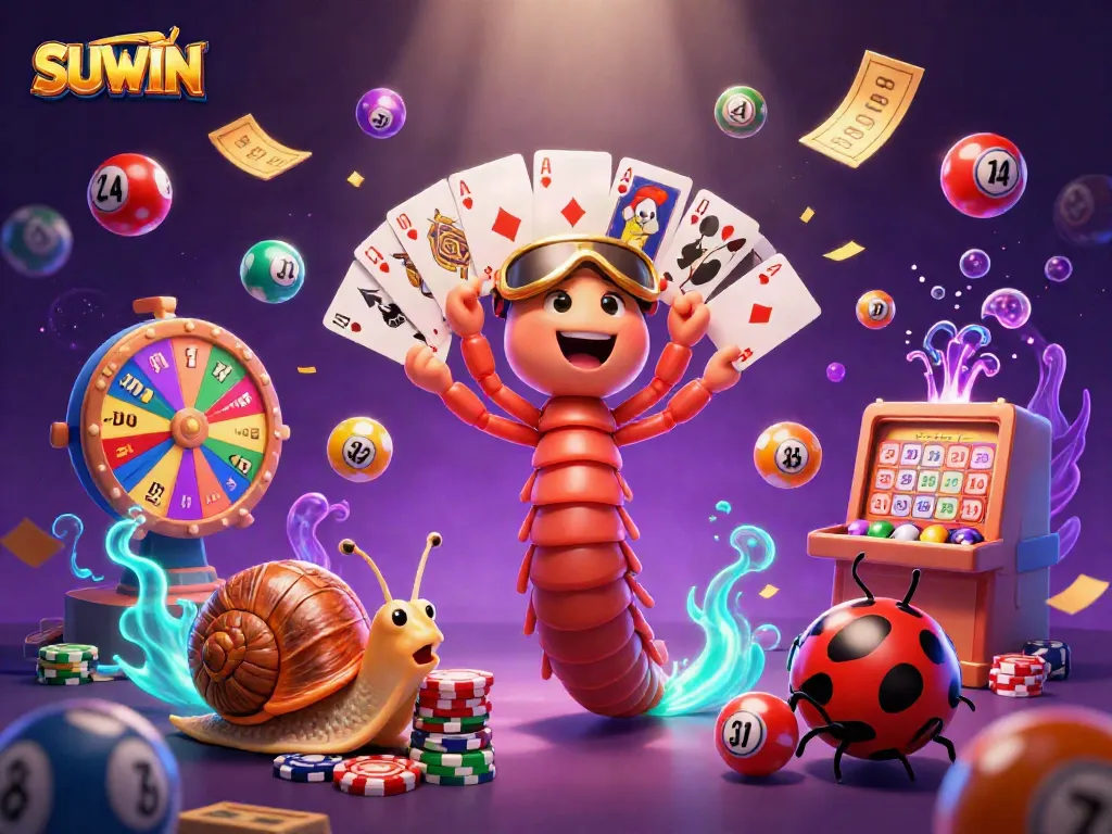 Experience the thrill of SUWIN in a colorful, dynamic casino scene featuring vibrant characters and game elements.