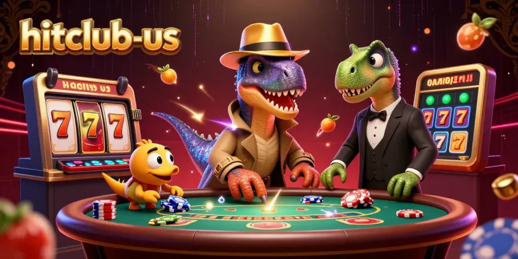 Engage in thrilling bets at hitclub-us with a lively casino scene featuring animated dinosaur characters.