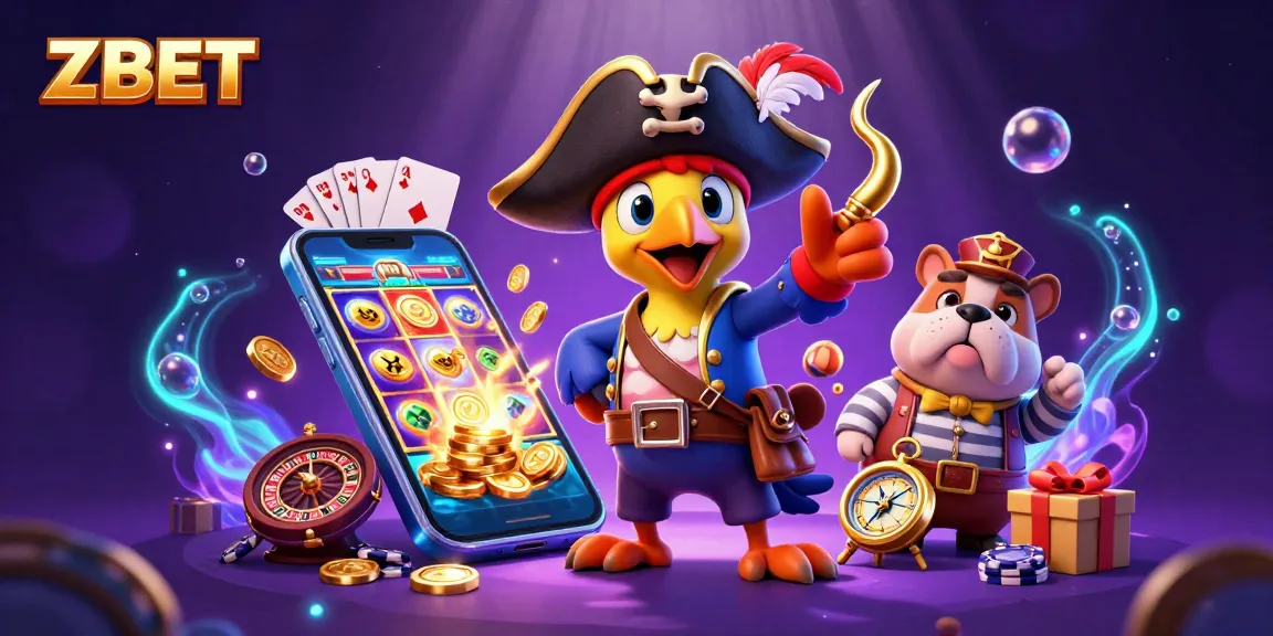ZBET players immerse in dynamic casino action with pirate captain and companions, featuring colorful slot game elements.