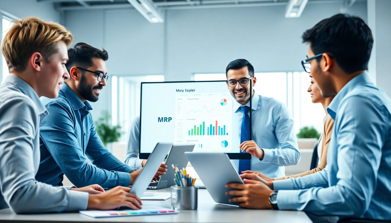 Team collaboration showcasing MRP software interface in a modern office.
