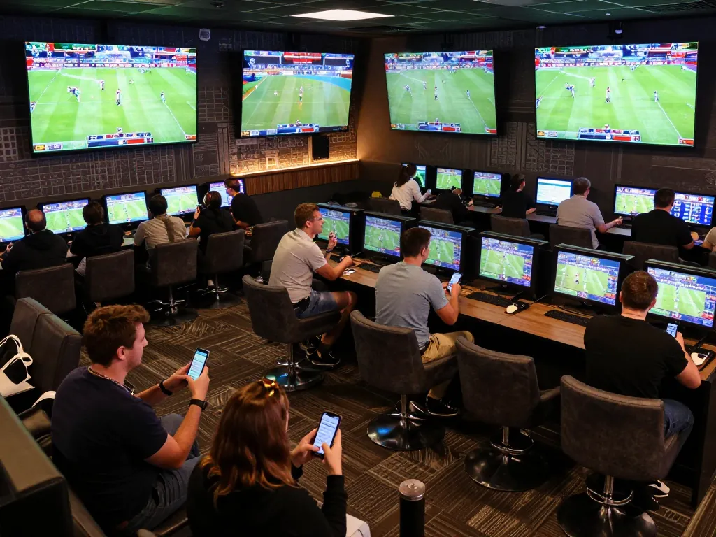 Fans engaging in live sports betting action at p789bet's dynamic lounge atmosphere.