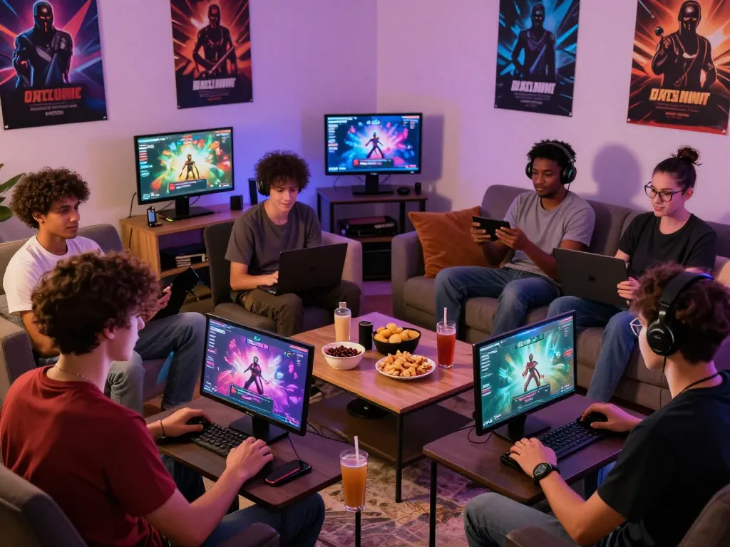 Group enjoying HTML porn games together in a cozy gaming room