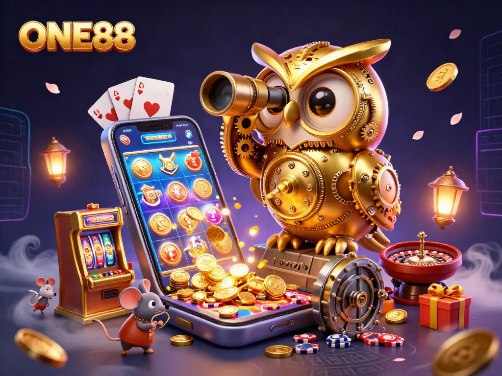 Experience the thrill of winning at ONE88 with playful characters in a dynamic casino atmosphere.