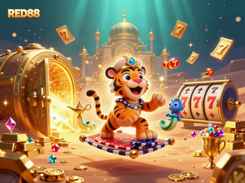 Experience the excitement of RED88 as the tiger sultan spins lucky jackpots amidst treasures.