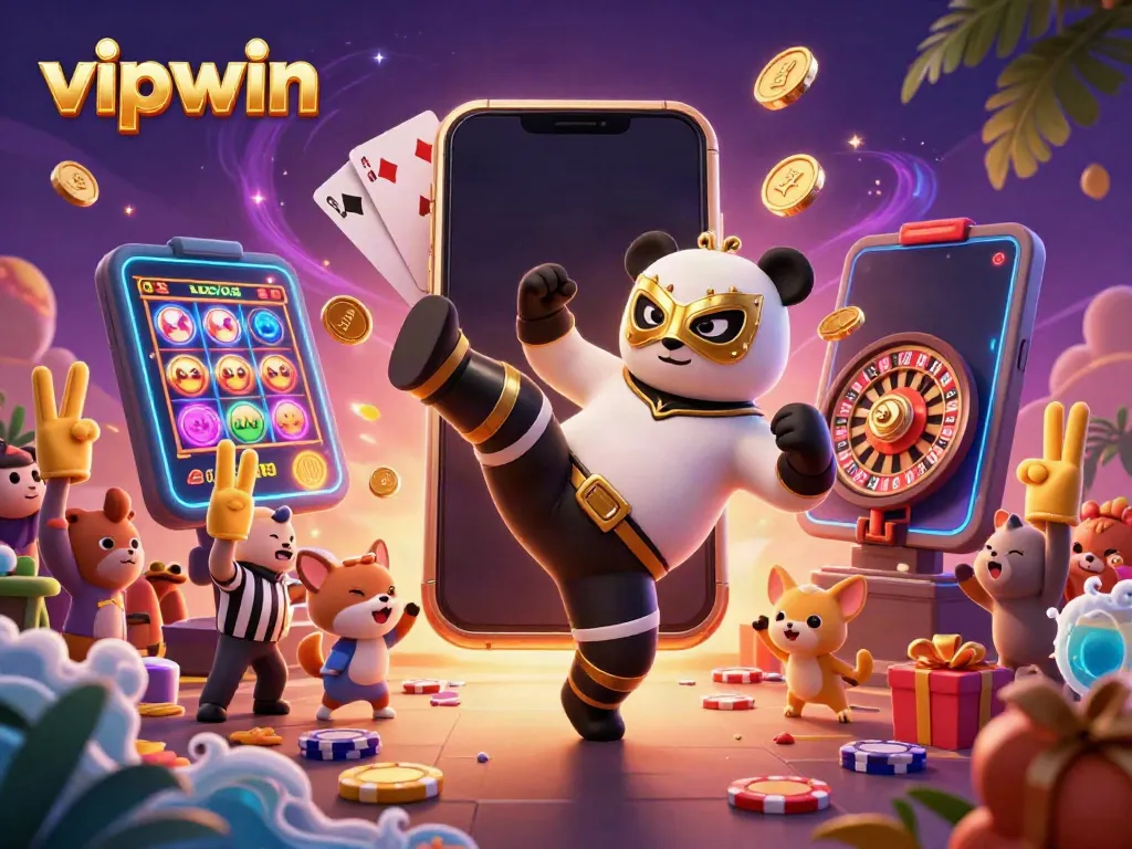 Experience thrilling gameplay at vipwin with a dynamic wrestler panda kicking amidst gaming symbols and cheering animals.