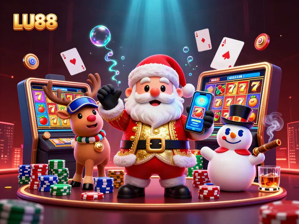 Engage with LU88 as Santa and friends celebrate jackpots in a vibrant casino scene.