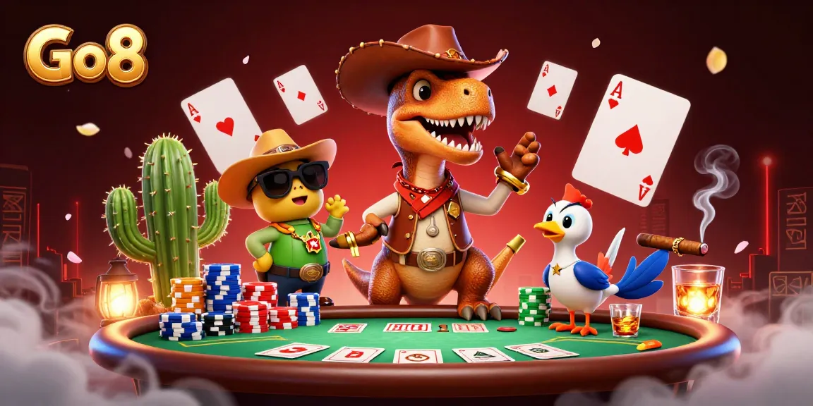 Go8 casino features a T-Rex cowboy and poker elements joined in vibrant 3D art.