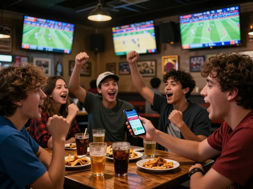 Engaging with live sports betting on https://tx88at.com/ at a lively sports bar filled with fans and screens.