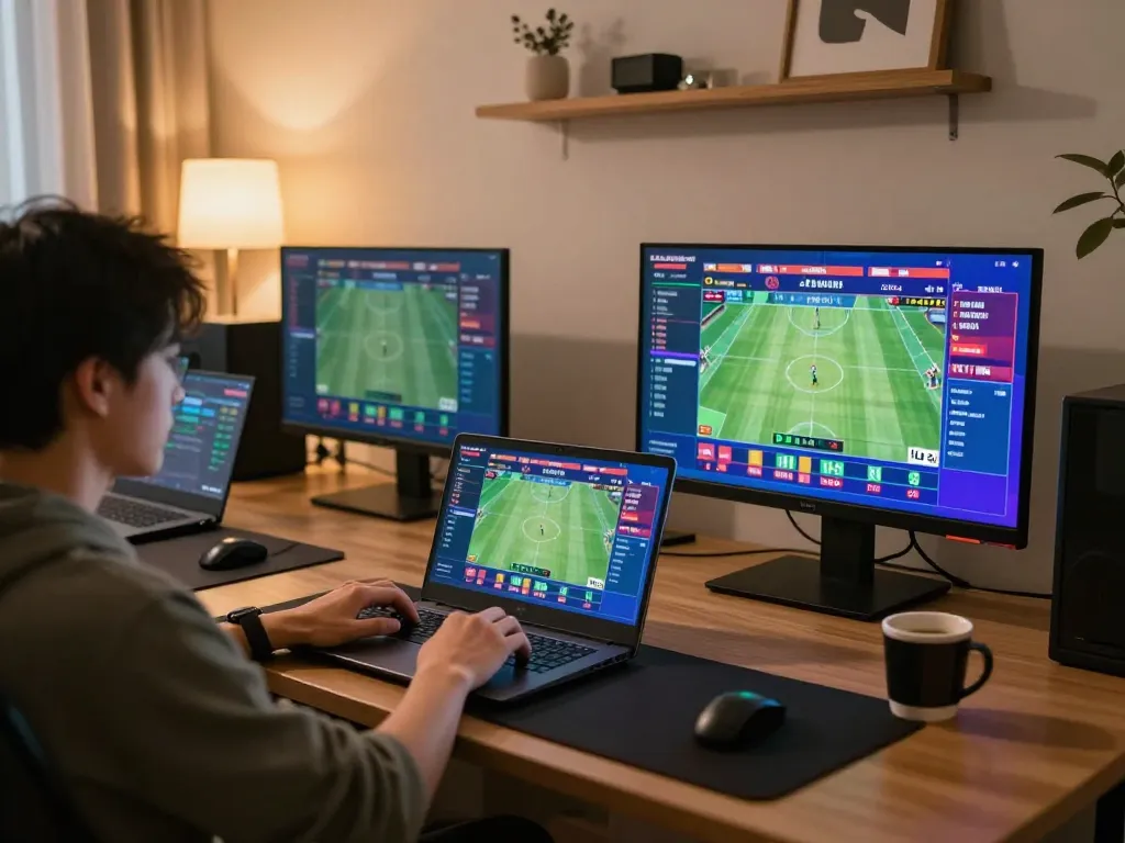 Person enjoying online sports betting at home, showcasing cm88 okvip platform with dynamic odds and cozy setting
