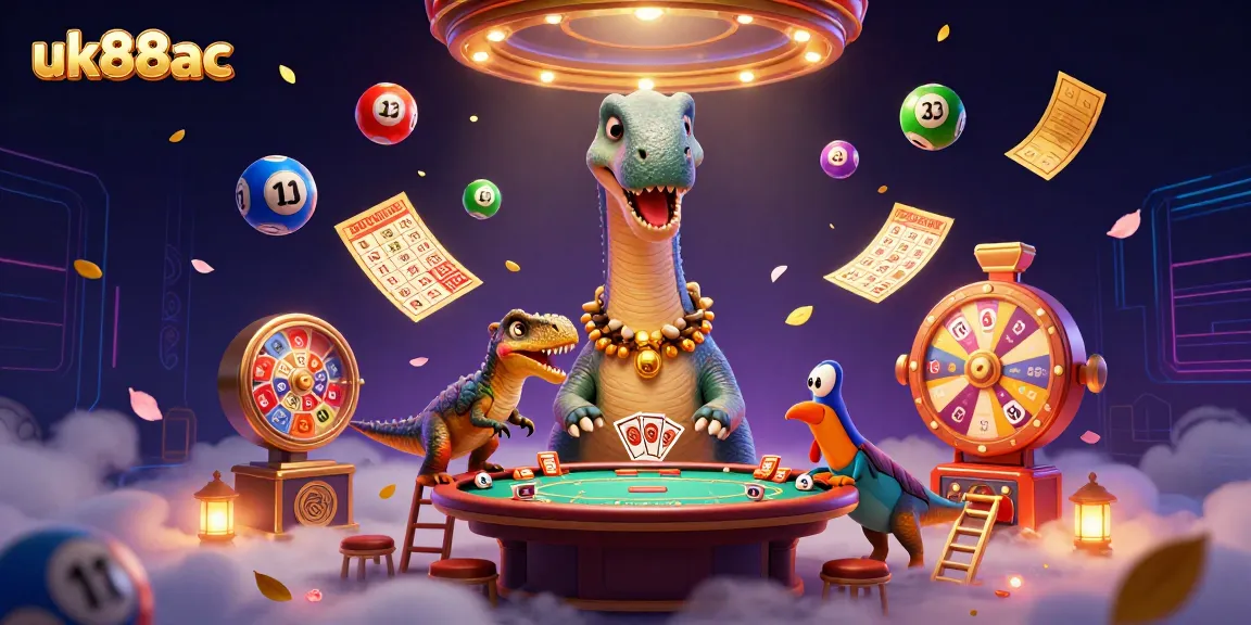 uk88ac showcases a whimsical casino scene with a brontosaurus and raptor dealing poker.
