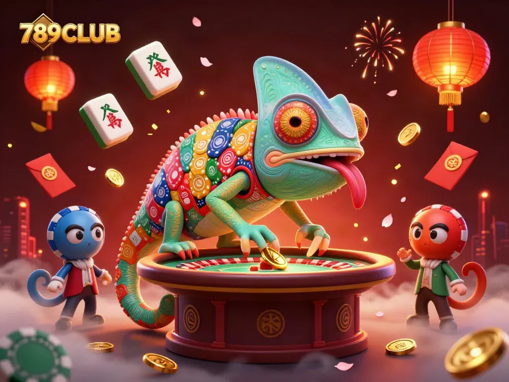 Experience the excitement of 789CLUB with a vibrant chameleon casino owner amid dynamic gaming elements.