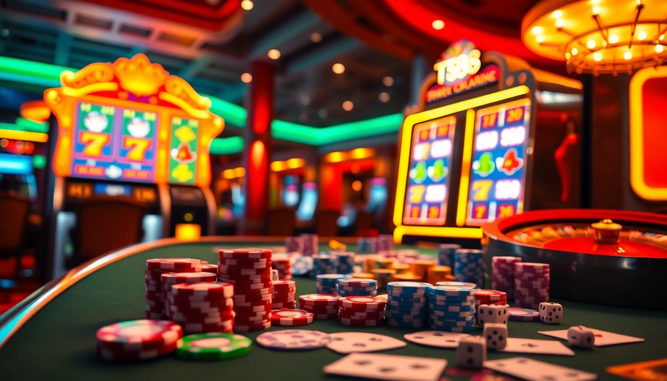 Experience thrilling poker action at TT88 with vibrant chips, illuminated cards, and slot machines.