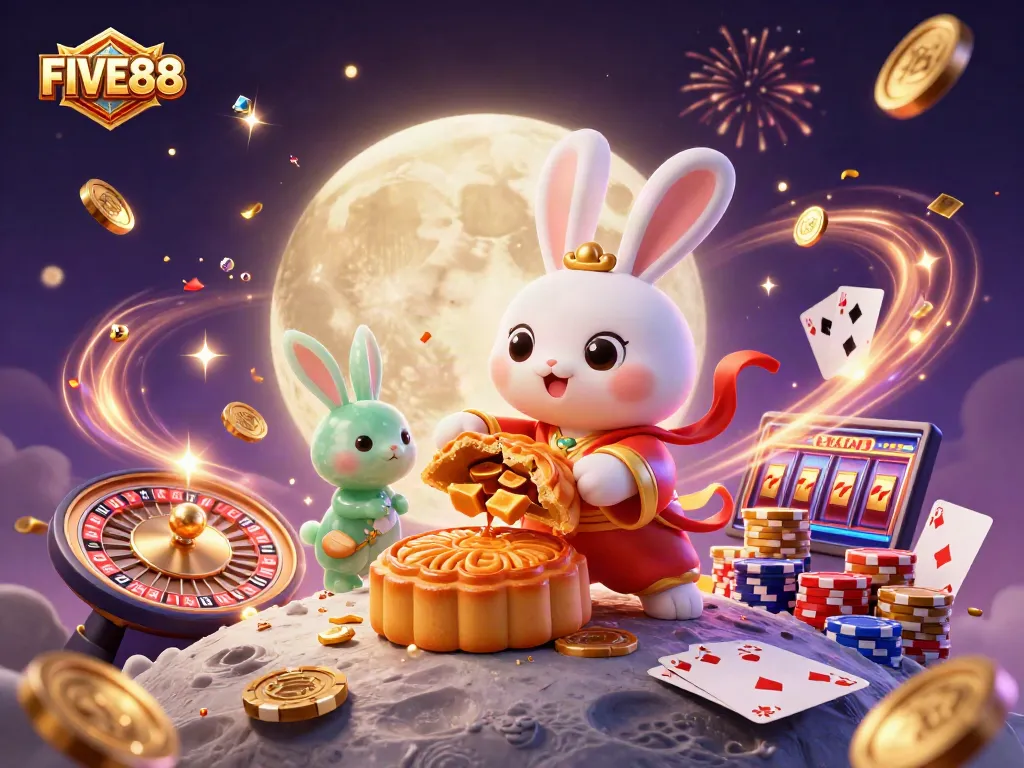 Engage in exciting gaming adventures with FIVE88 at this vibrant online casino illustration.
