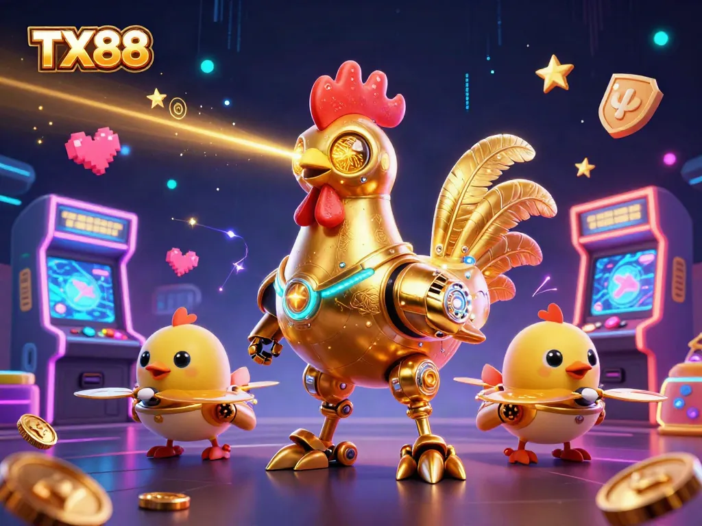 Experience excitement at TX88 with a vibrant 3D scene featuring dynamic gaming elements and colorful characters.