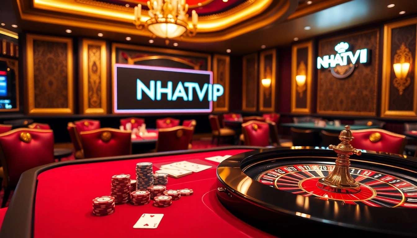 Players enjoying an elegant NHATVIP casino experience with colorful chips and a roulette table.