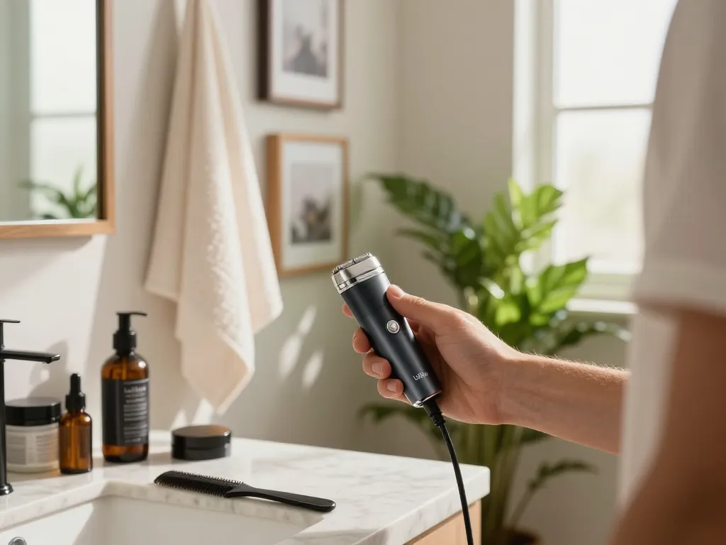 Grooming essentials including a Laifen shaver in a modern bathroom setting.