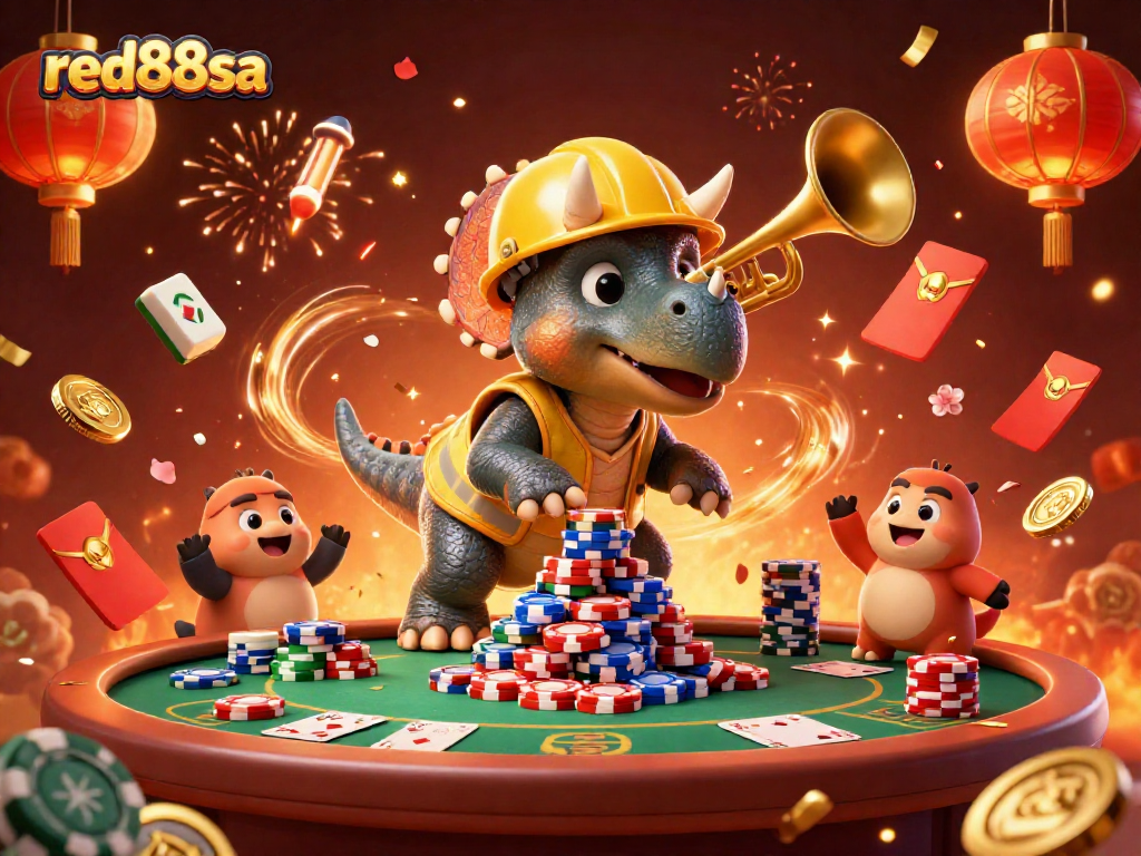Experience the thrill of red88sa with a vibrant 3D scene showcasing poker excitement and festive elements.