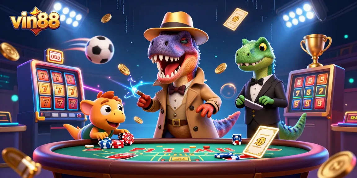 vin88 illustrates a card counter velociraptor at a blackjack table, engaging in a high-stakes game.