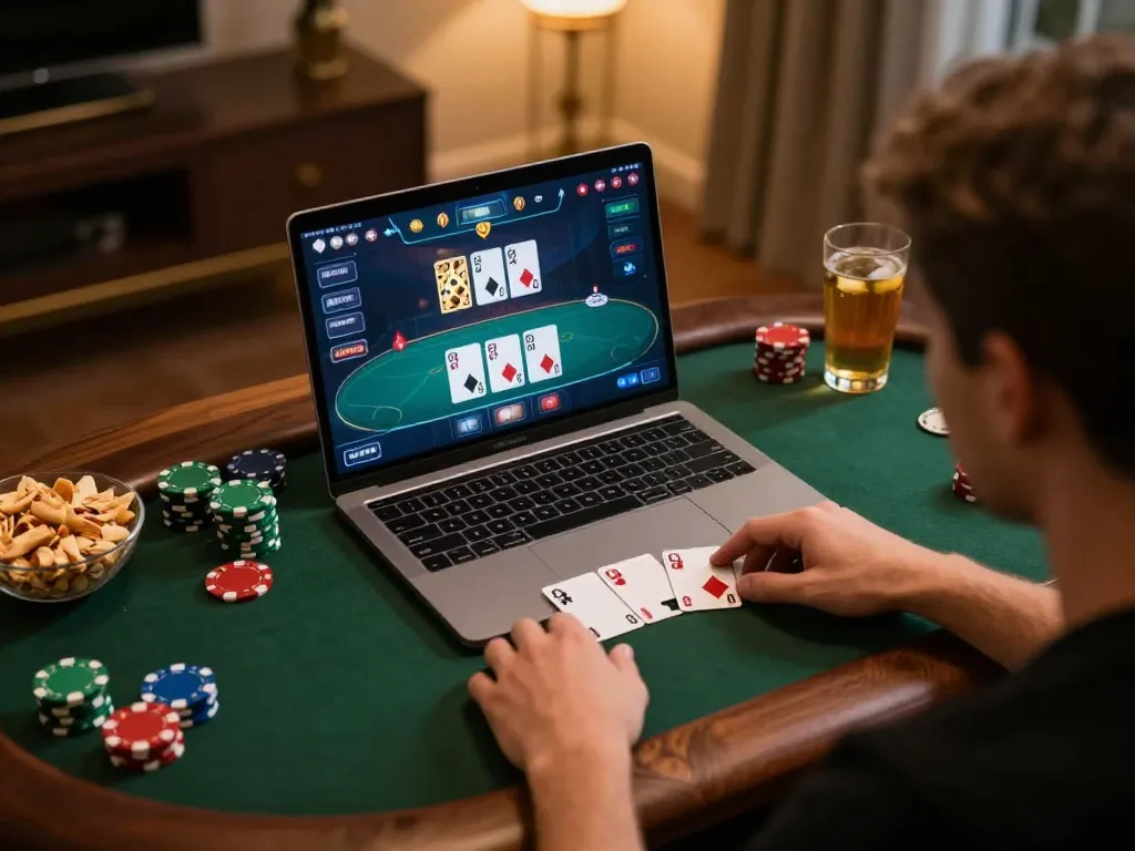 PH22 player deeply engaged in an online poker session with snacks and warm lighting