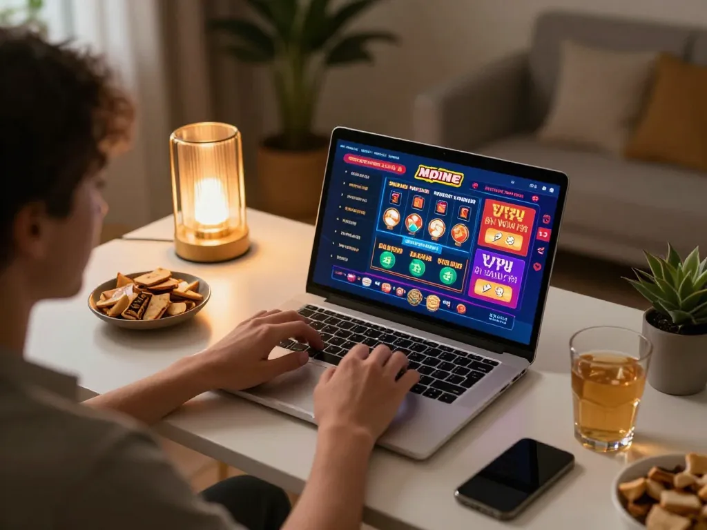 Gamer exploring Casino XX88 online slots and poker games from a cozy home setup