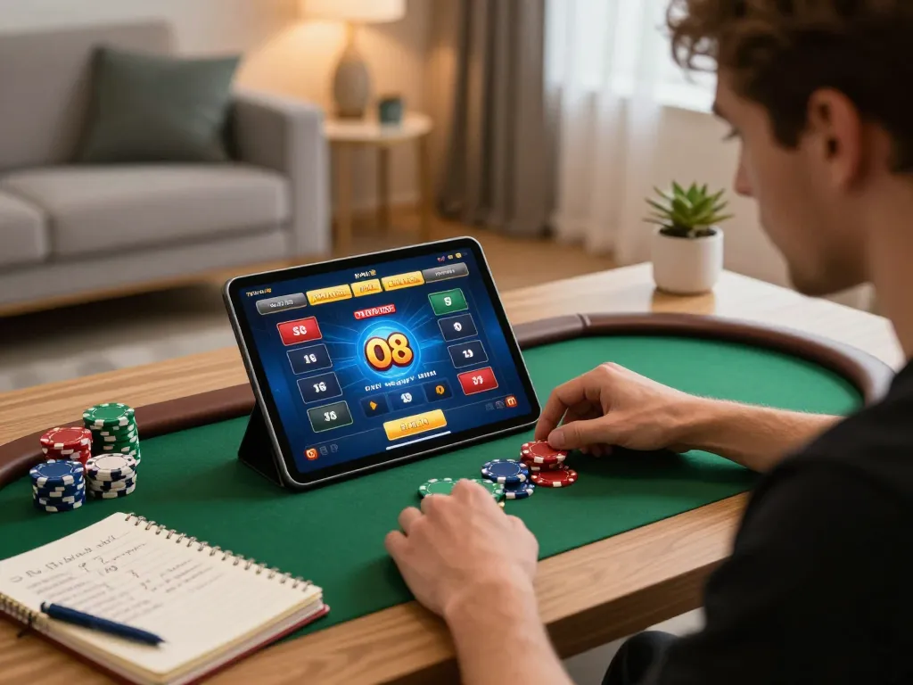 Player strategizing for O8 online casino using tablet with poker chips and notes.