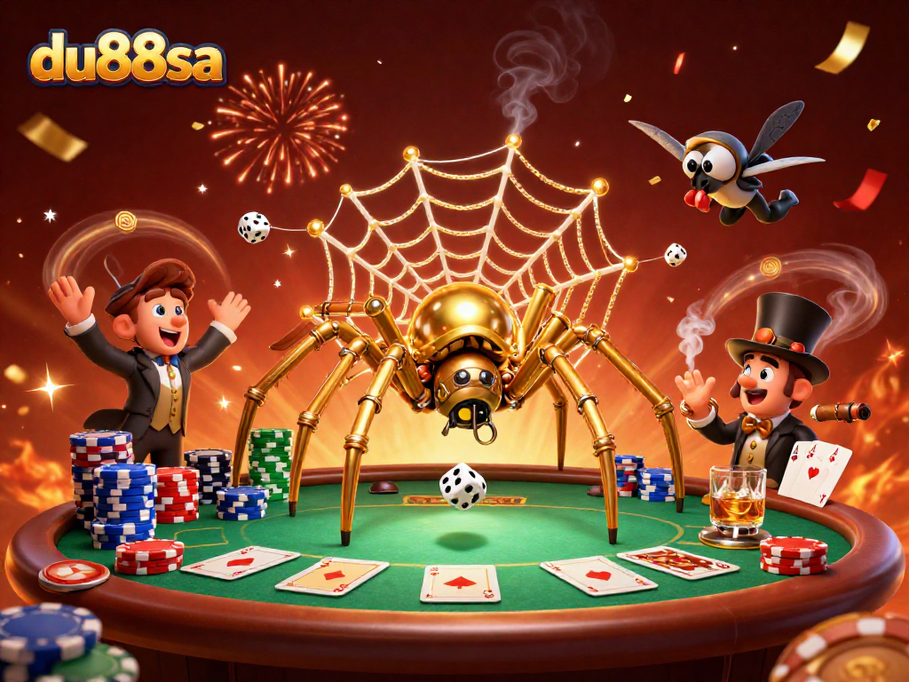 Experience thrilling casino action in du88sa with a golden spider catching dice in a web of chance.