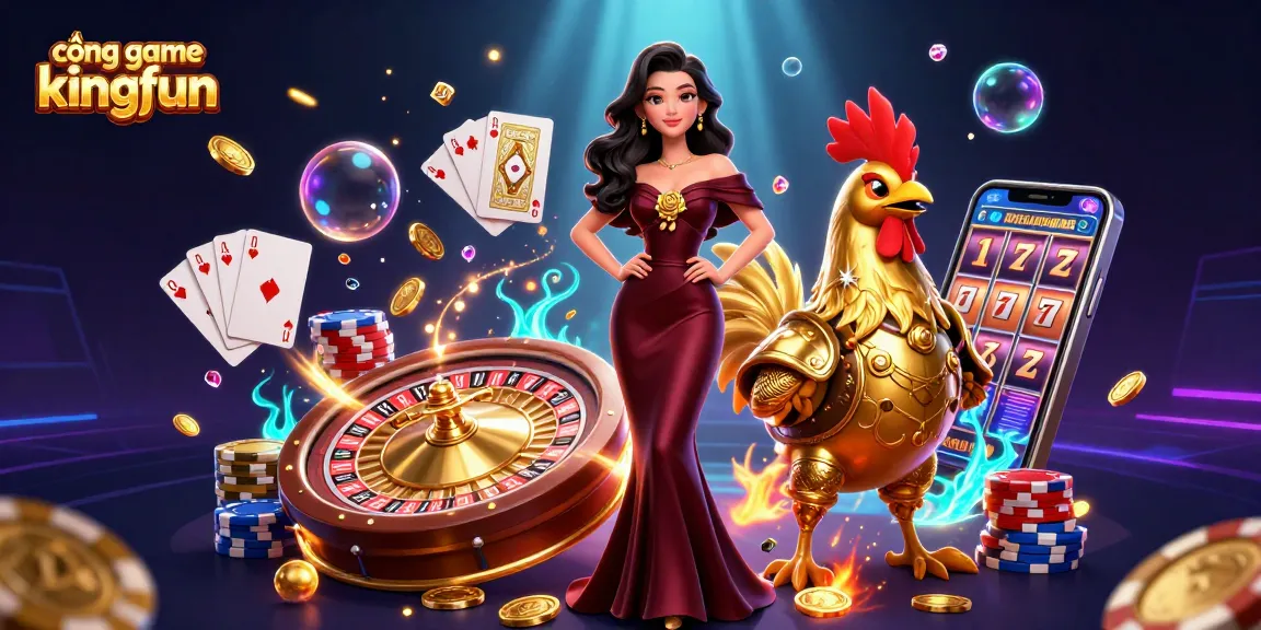 Cascading coins and characters celebrate wins at cổng game kingfun with vibrant gambling action.