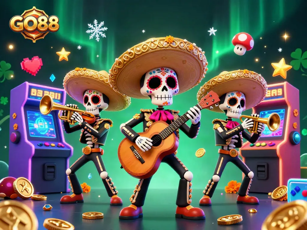Experience the thrill of GO88 with a vibrant and dynamic digital illustration of a mariachi band surrounded by arcade gaming elements.