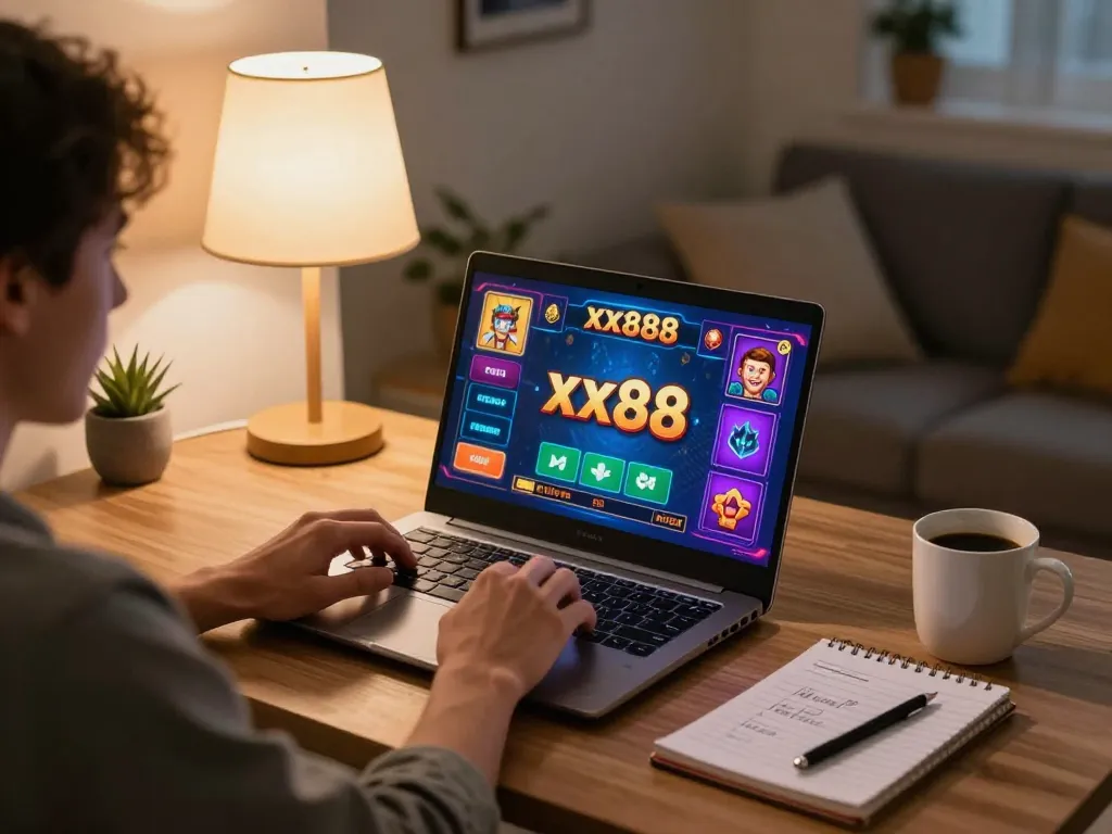 Engaged player enjoying game xx88 on laptop in a cozy home setting with coffee and strategy notes.