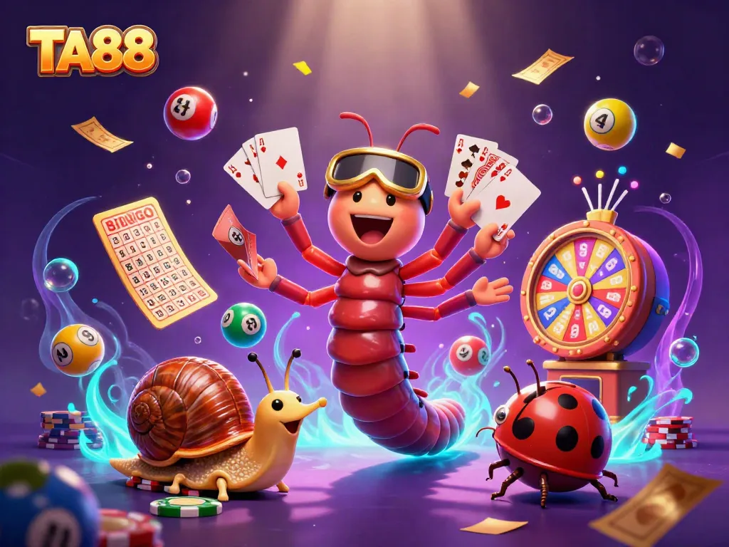Immerse in the excitement of TA88 with the colorful casino scene featuring dynamic lottery elements and animated characters.