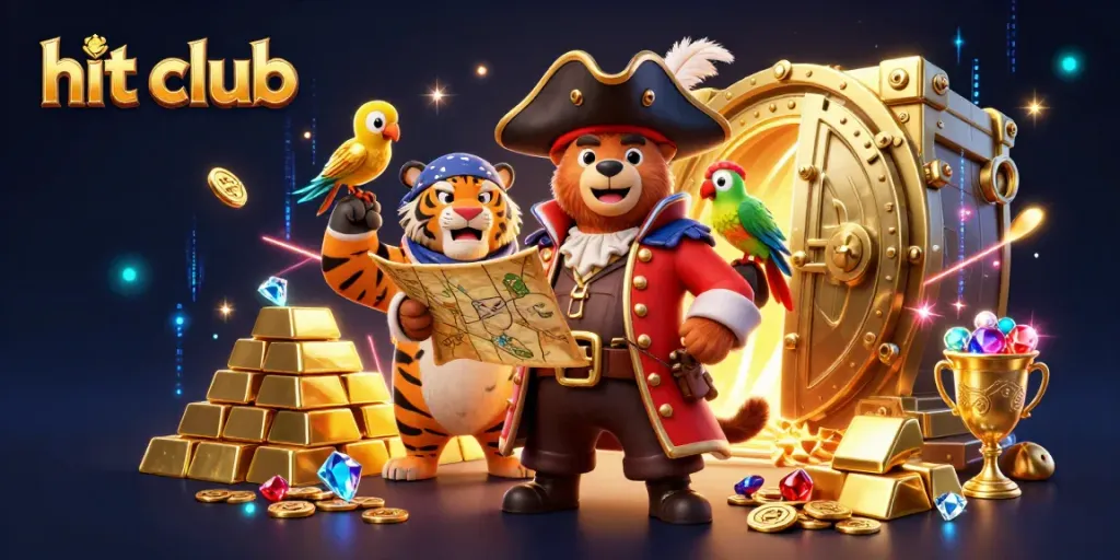 Experience thrilling wins at hit club with vibrant 3D casino characters and dazzling treasure elements.