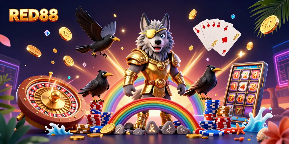 Engage with RED88 in a vibrant casino world featuring an Odin wolf and dynamic gaming elements.