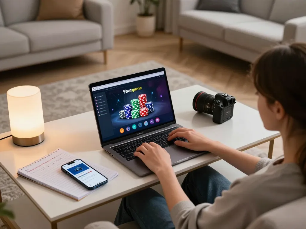 Playing 9betgame online with strategy notes in cozy home setting.