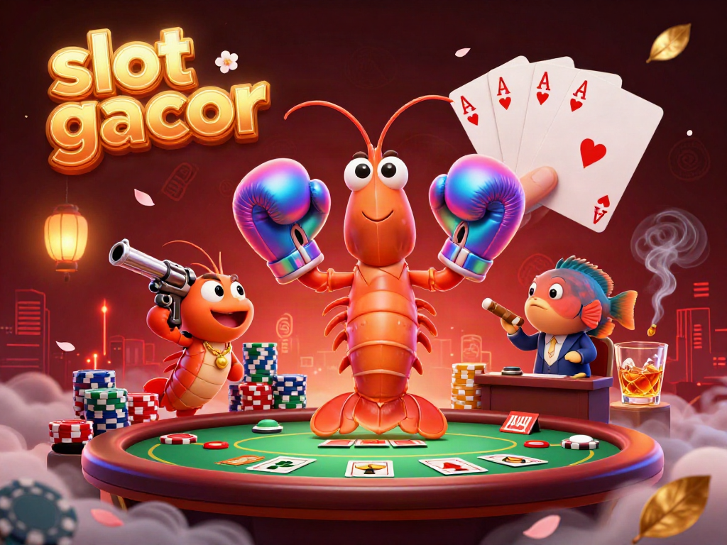 Engage with slot gacor action through vivid 3D illustration showcasing mantis and pistol shrimp at a vibrant poker table.