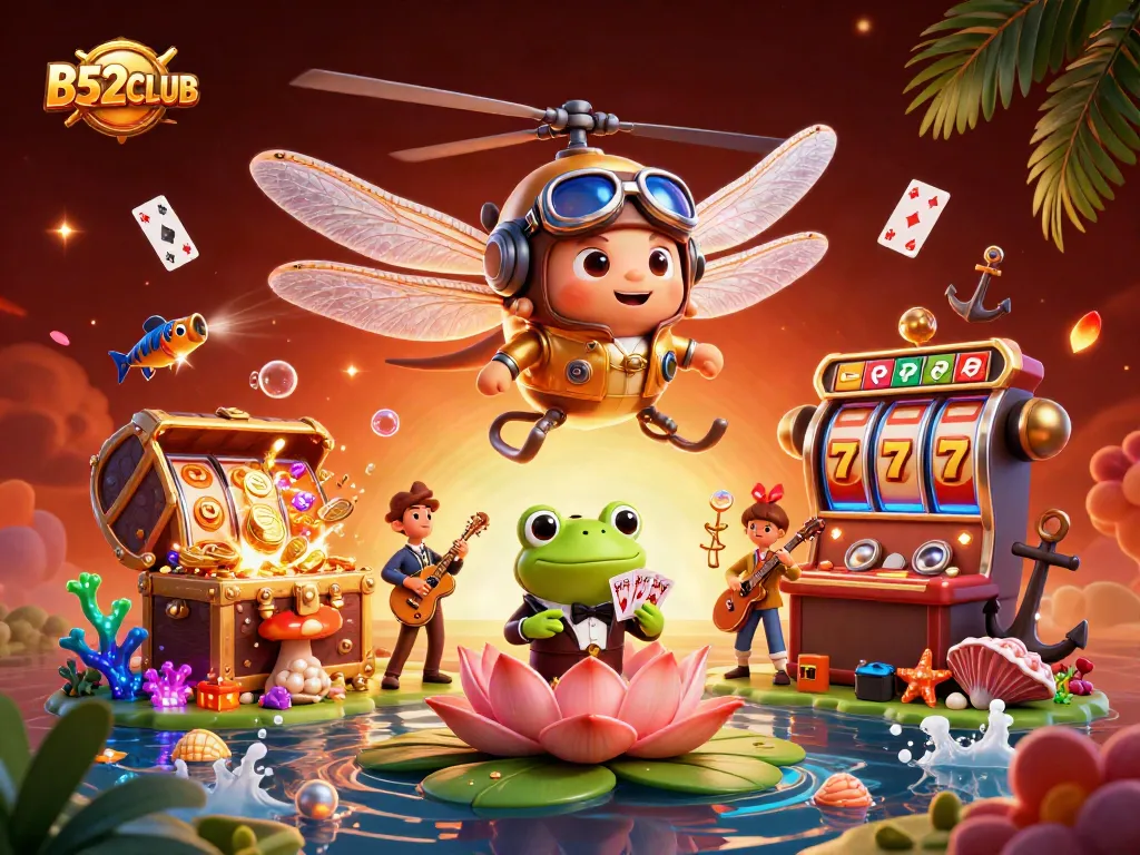 B52CLUB delights players with vibrant casino action featuring a dragonfly pilot and a frog dealer.