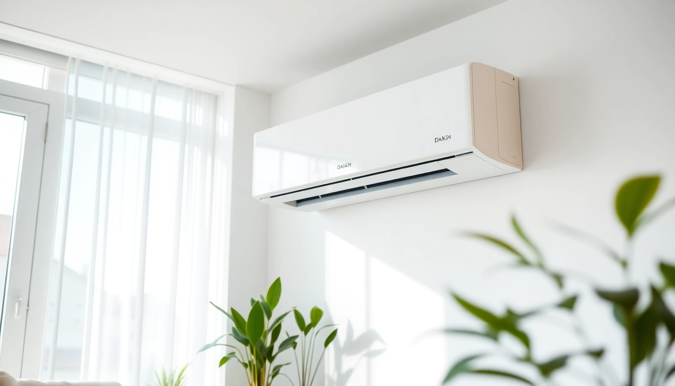 Install a Daikin mini split AC in a stylish living room, showcasing modern design and comfort.