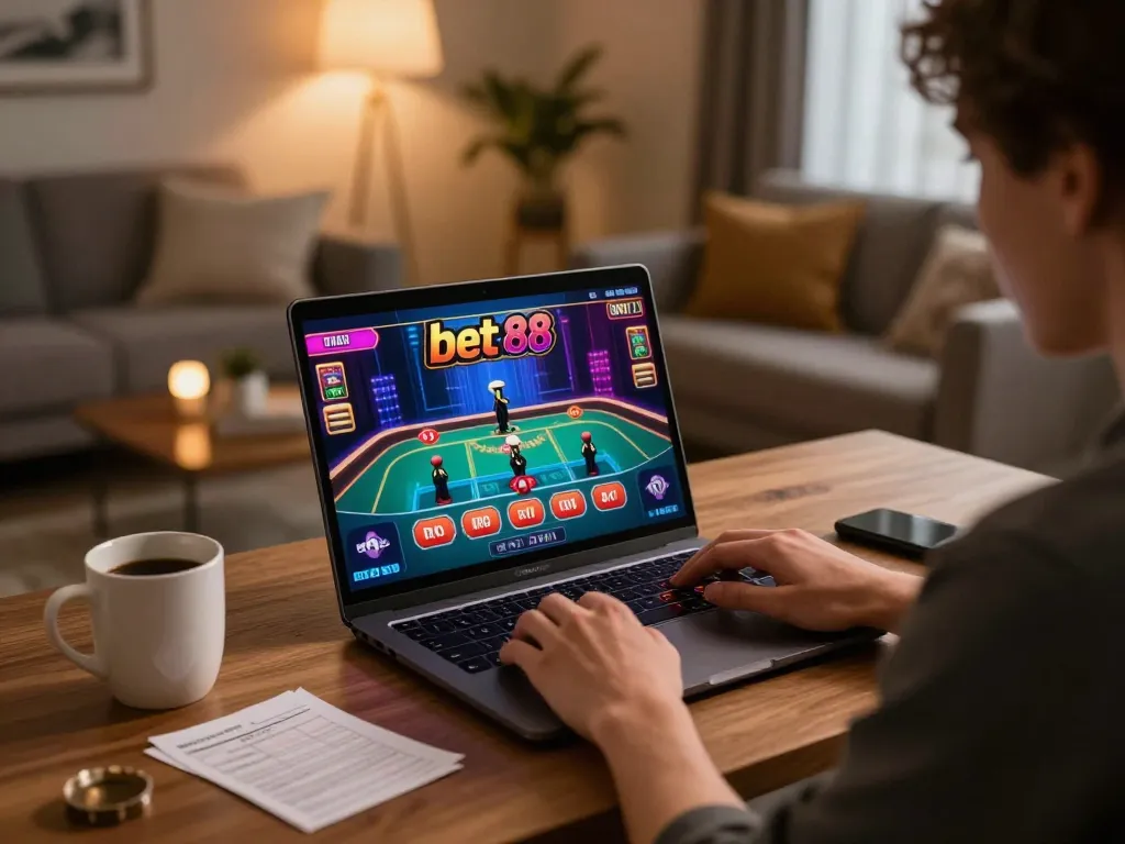 Enjoying a bet 88 online casino experience in a cozy home setting with engaging gameplay.