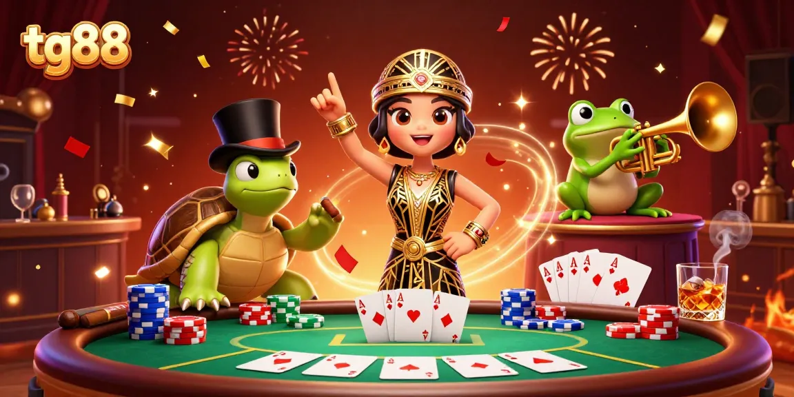 Experience tg88 with this vibrant 3D illustration showcasing casino excitement and action.