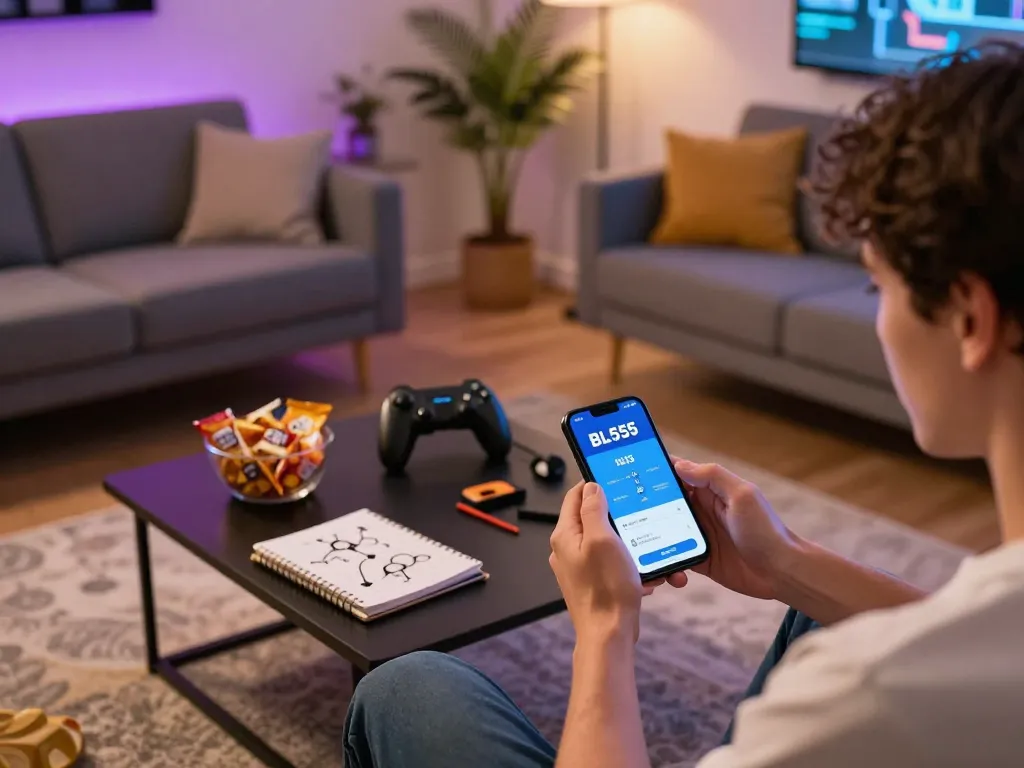 Player enjoying Nhà cái BL555 app on smartphone in a cozy gaming setup, blending casual home entertainment.